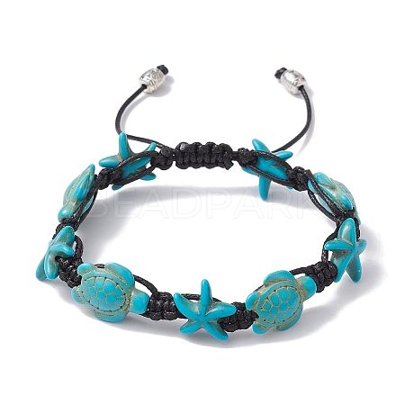 Synthetic Turquoise Starfish & Turtle Braided Bead Bracelet BJEW-TA00388-01-1