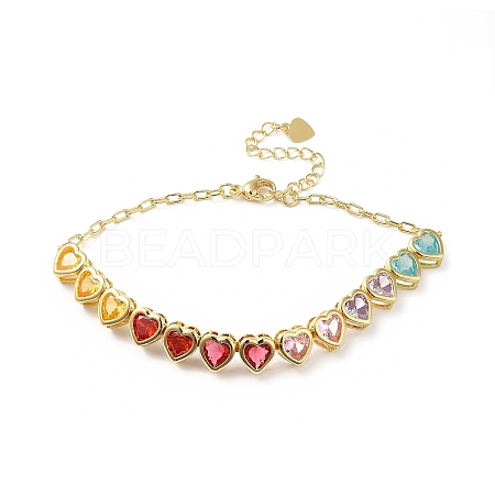 Colorful Cubic Zirconia Heart Link Bracelet BJEW-E073-02G-1