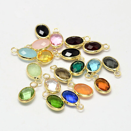 Oval Faceted Golden Tone Brass Glass Charms X-GLAA-O015-G-1
