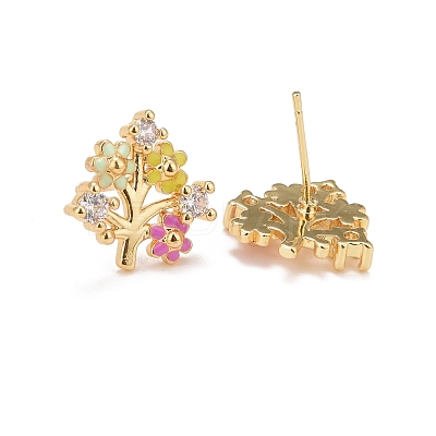Colorful Enamel Flower of Life Stud Earrings with Cubic Zirconia EJEW-G288-30G-1