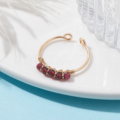 Copper Wire Wrapped Natural Garnet Open Ring RJEW-JR00630-04-1