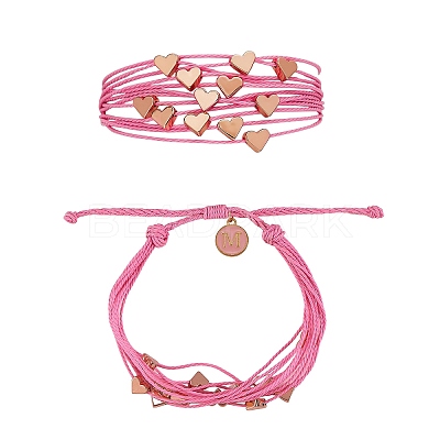 Multi String Cord Bracelet with Initial Letter M Charm BJEW-SW00042-03-1