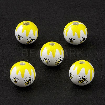 Printed Natural Wood European Beads WOOD-C015-09B-1
