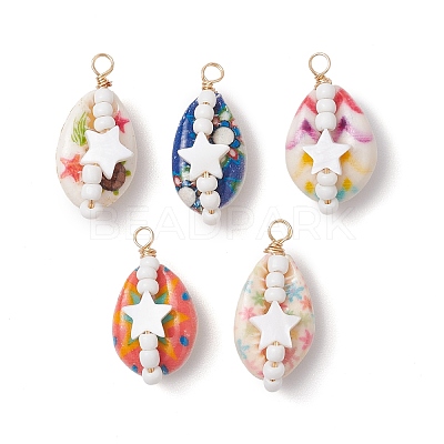 Copper Wired Printed Natural Cowrie Shell Pendants PALLOY-JF03111-1