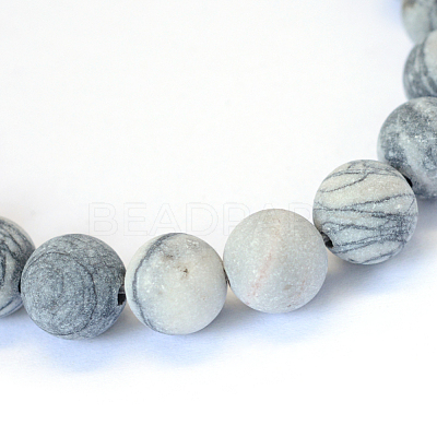 Frosted Natural Black Silk Stone/Netstone Round Bead Strands X-G-E334-8mm-25-1