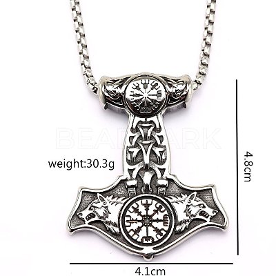 304 Stainless Steel Viking Double Wolf Head Hammer Pendant Box Chain Necklaces for Men WGEA97A-01-1