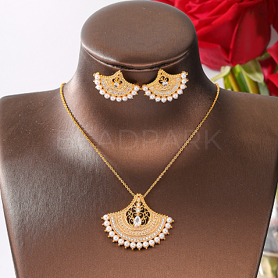 Brass Micro Pave Clear Cubic Zirconia Fan Pendant Necklaces & Stud Earrings Sets for Women SJ9834-1