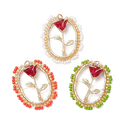 3Pcs Glass Seed Beaded Oval with Rose Pendants PALLOY-MZ00579-1