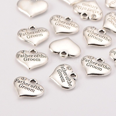 Wedding Theme Antique Silver Tone Tibetan Style Heart with Father of the Groom Rhinestone Charms TIBEP-N005-13D-1