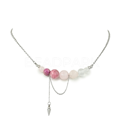 Natural  Rose Quartz & Dyed Imperial Jasper & Quartz Crystal & Green Jade Round Graduated Beaded Pendant 304 Stainless Steel Cable Chain Necklaces for Women NJEW-TA00242-04-1