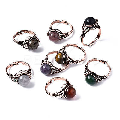 Adjustable Natural & Synthetic Gemstone Round Finger Rings RJEW-T020-01R-1