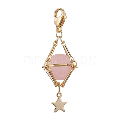 Natural Rose Quartz Brass Pendant Decorations HJEW-JM01817-01-1