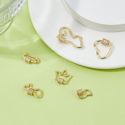 6Pcs 6 Styles Brass Micro Pave Clear Cubic Zirconia Screw Carabiner Lock Charms KK-DC0005-06-1