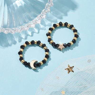 Glass Stretch Rings with Golden Plated Star & Moon Brass Beads RJEW-JR00660-03-1