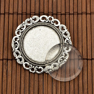 25mm Transparent Glass Cabochons and Flat Round Tibetan Style Brooch Cabochon Settings DIY-X0188-AS-NR-1
