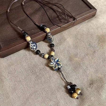 Alloy & Porcelain Beaded Flower Tassel Pendant Long Bib Necklaces for Women WG23FEE-01-1