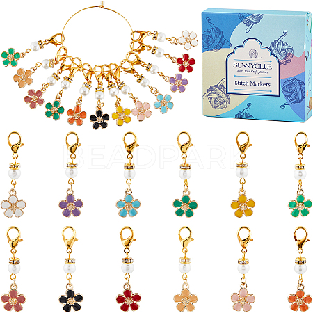 24Pcs 12 Colors Flower Alloy Enamel Pendant Locking Stitch Markers HJEW-SC00030-1