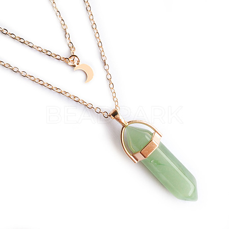 Natural Green Aventurine Double Terminated Pointed Bullet & Moon Alloy Pendant Double Layer Necklaces for Women WGAD714-03-1