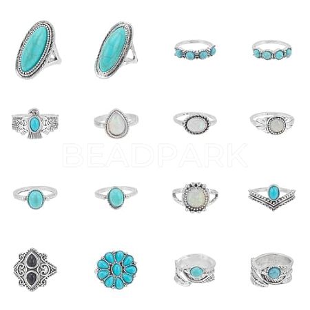 ANATTASOUL 16Pcs 16 Style Flower & Oval & Eagle & Teardrop & Feather Synthetic Turquoise Finger Rings Set RJEW-AN0001-06-1