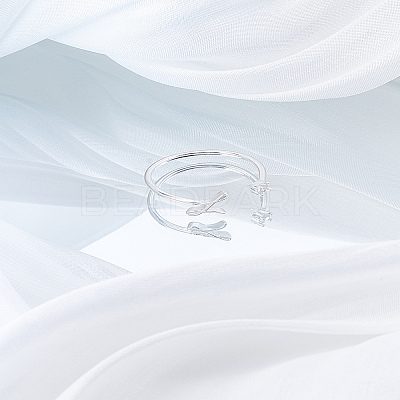 1Pc Letter Brass Rhinestone Open Cuff Rings for Women AJEW-LP0004-47L-S-1