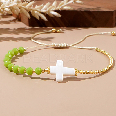 Vintage Bohemian Cross Shell & Jade Bead Braided Bracelets LJ7242-5-1