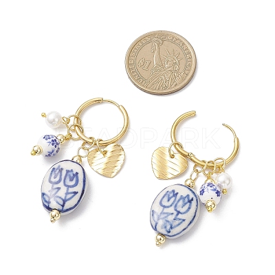 Oval with Flower Pattern 304 Stainless Steel Hoop Earrings EJEW-JE06737-01-1