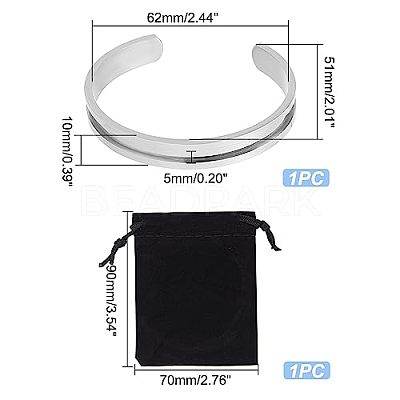 1Pc C-Shaped 201 Stainless Steel Grooved Cuff Bangles STAS-UN0052-35-1