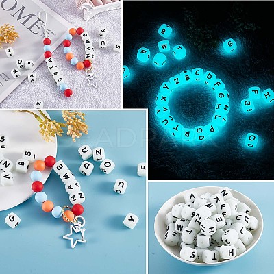 104 Pcs Luminous Cube Silicone Beads Letter Square Dice Alphabet Beads with 2mm Hole Spacer Loose Letter Beads for Bracelet Necklace Jewelry Making JX439A-1