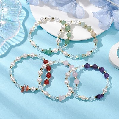 Round Gemstone & Shell Pearl Beaded Stretch Bracelets for Women BJEW-JB10666-1