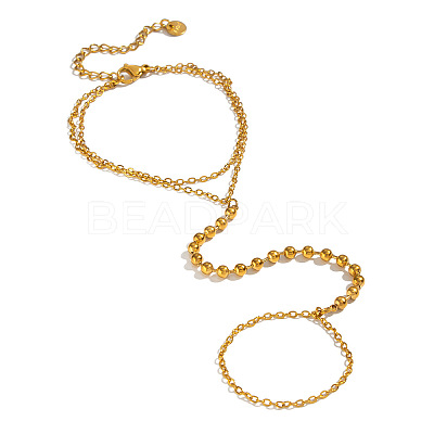 304 Stainless Steel 2-Strand Hand Chain Ring Bracelets with Round Ball for Women HZ7665-1