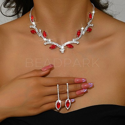 Leaf Brass Rhinestone Stud Dangle Earrings & Pendant Necklaces Set for Women SJEW-M102-03S-01-1