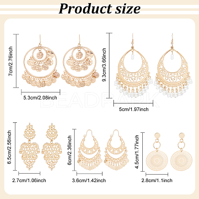 5 Pairs 5 Style Alloy Flat Round & Teardrop Filligree Boho Chandelier Earrings EJEW-AN0003-01-1