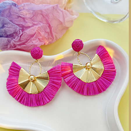 Bohemian Style Fan Alloy Raffia Dangle Stud Earrings FS-WGD68B3-02-1