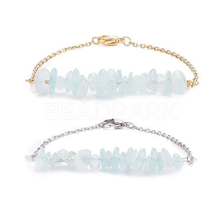 2Pcs 2 Color Natural Aquamarine Chip Beaded Link Bracelets Set with 304 Stainless Steel Cable Chains BJEW-JB07914-07-1