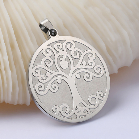 Non-Tarnish Flat Round with Tree of Life 201 Stainless Steel Pendants STAS-I040-06A-1-1