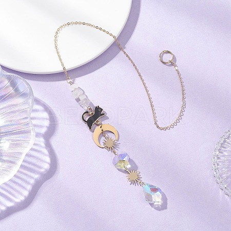 Leaf Glass & Natural Quartz Crystal Chips Beads Hanging Suncatchers HJEW-JM04607-1