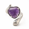 Natural Amethyst Heart with Snake Open Cuff Ring RJEW-P082-02P-14-2