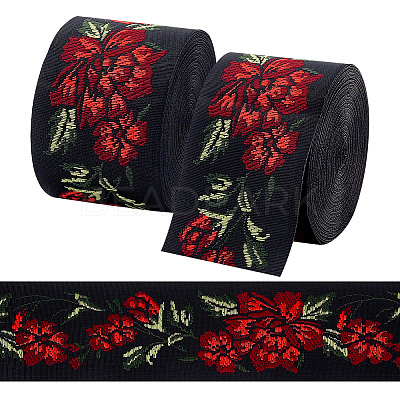 7M Flat Ethnic Style Polyester Jacquard Flower Ribbon OCOR-WH0082-132-1