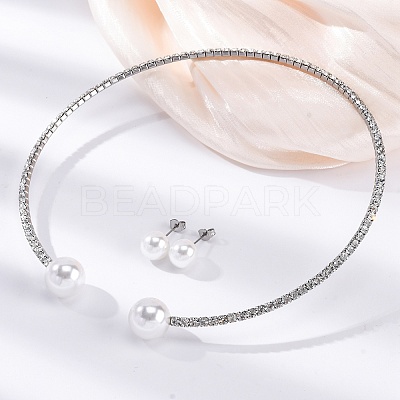 Round Plastic Imitation Pearl Stud Earrings & Rhinestone Cuff Choker Necklaces Sets SJEW-U003-04P-1