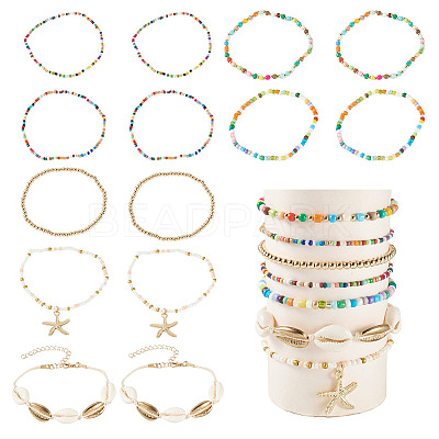 2 Bags Summer Beach Glass Seed Beaded & Natural Shell & Alloy Starfish Charm Anklet Sets AJEW-TA0003-69A-1