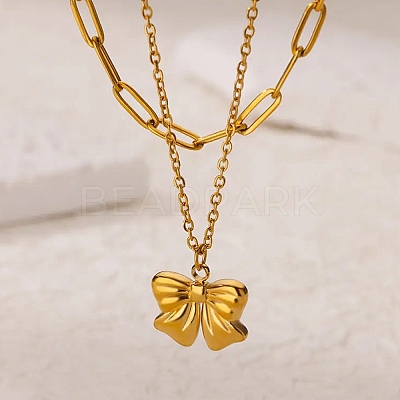 304 Stainless Steel Bowknot Pendant Necklaces NJEW-L182-001G-07-1