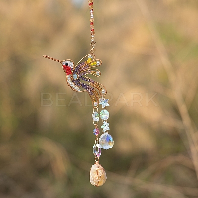 Wire Wrapped Glass Beads & Metal Bird Hanging Ornaments PW-WG06B21-01-1