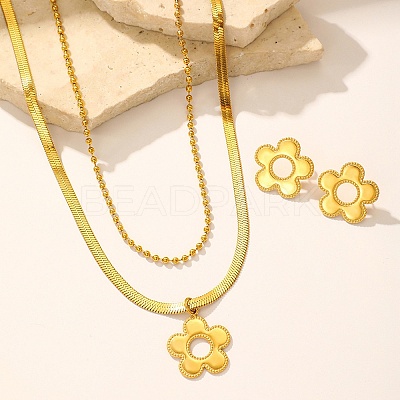 304 Stainless Steel Flower Pendant Necklaces & Ball Chain Necklaces & Stud Earrings Sets for Women SJEW-F225-04G-1