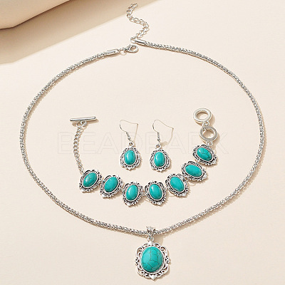 Bohemian Style Oval Synthetic Turquoise Pendant Necklace & Dangle Earrings & Link Bracelets FS-WGA6DB3-01-1