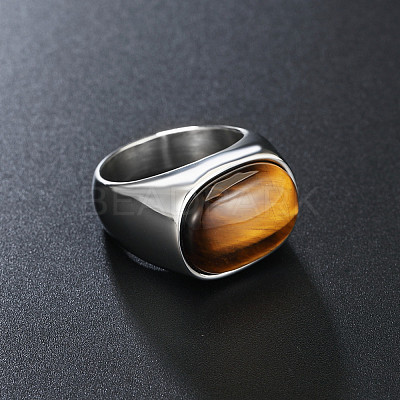 304 Stainless Steel with Natural Tiger Eye Finger Rings for Men FS-WG155DB-04-1