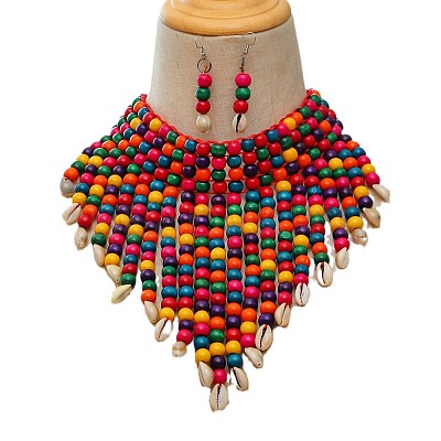 Alloy & Natural Shell & Wood Bead Necklaces & Dangle Earrings for Women FS-WG28A7F-03-1