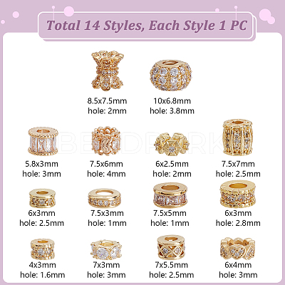 14Pcs 14 Styles Brass Micro Pave Cubic Zirconia Beads ZIRC-PH0001-50-1