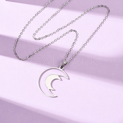 304 Stainless Steel Double Hollow Moon Pendant Cable Chain Necklaces for Men Women NJEW-K308-01E-P-1