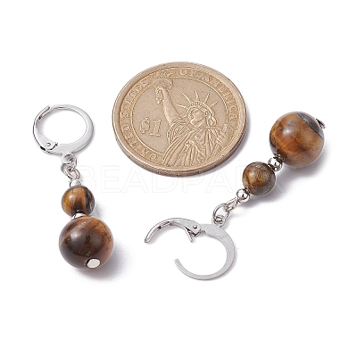 Round Natural Tiger Eye Dangle Earrings EJEW-JE05536-04-1