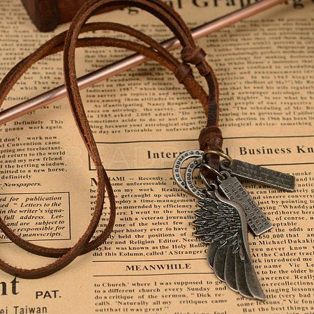 Adjustable Leather Cord Alloy Wing Pendant Necklaces For Men NJEW-k031-22-1